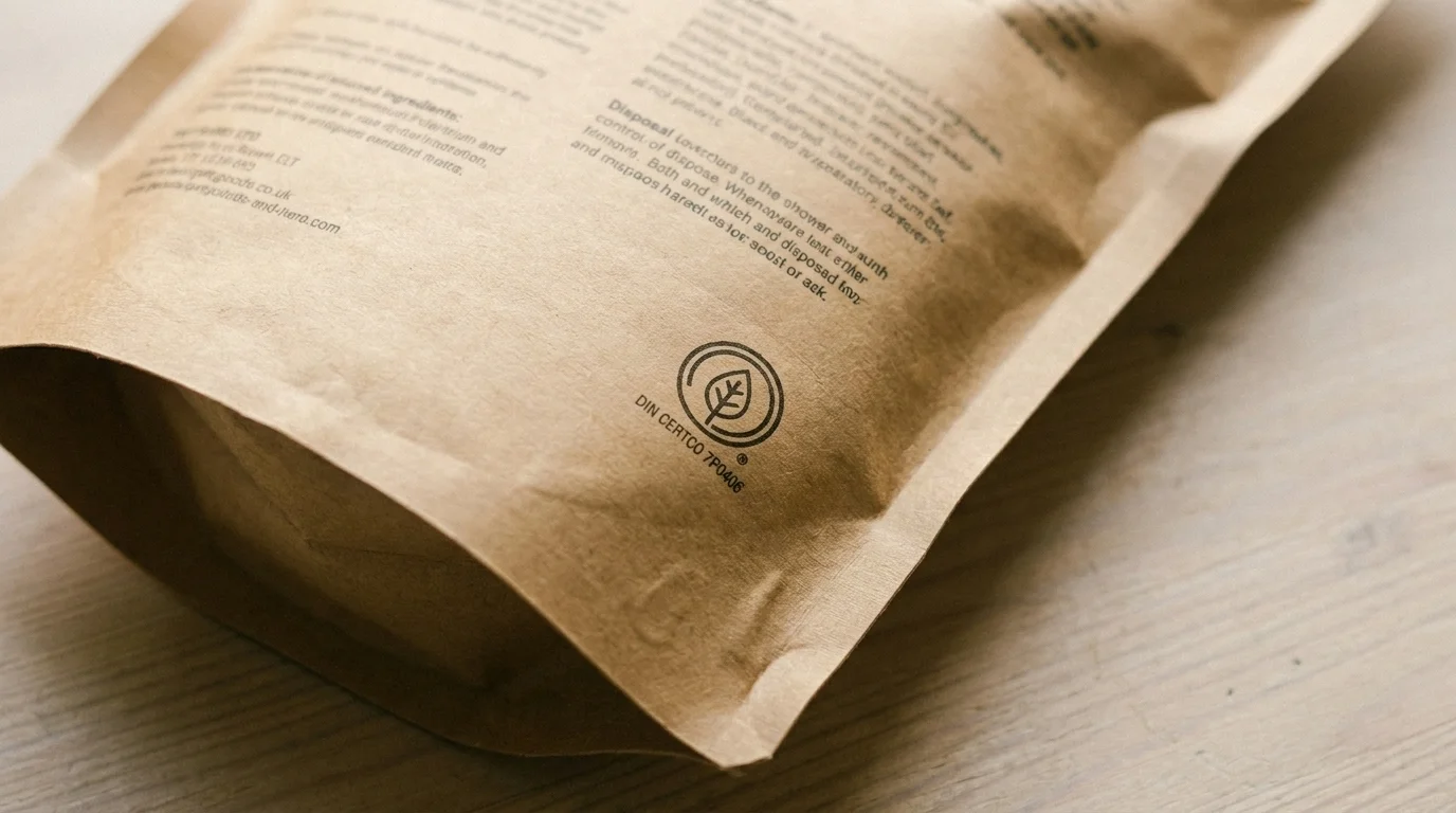 Macro shot of a pet product back label showing a small compostability certification badge and registry code