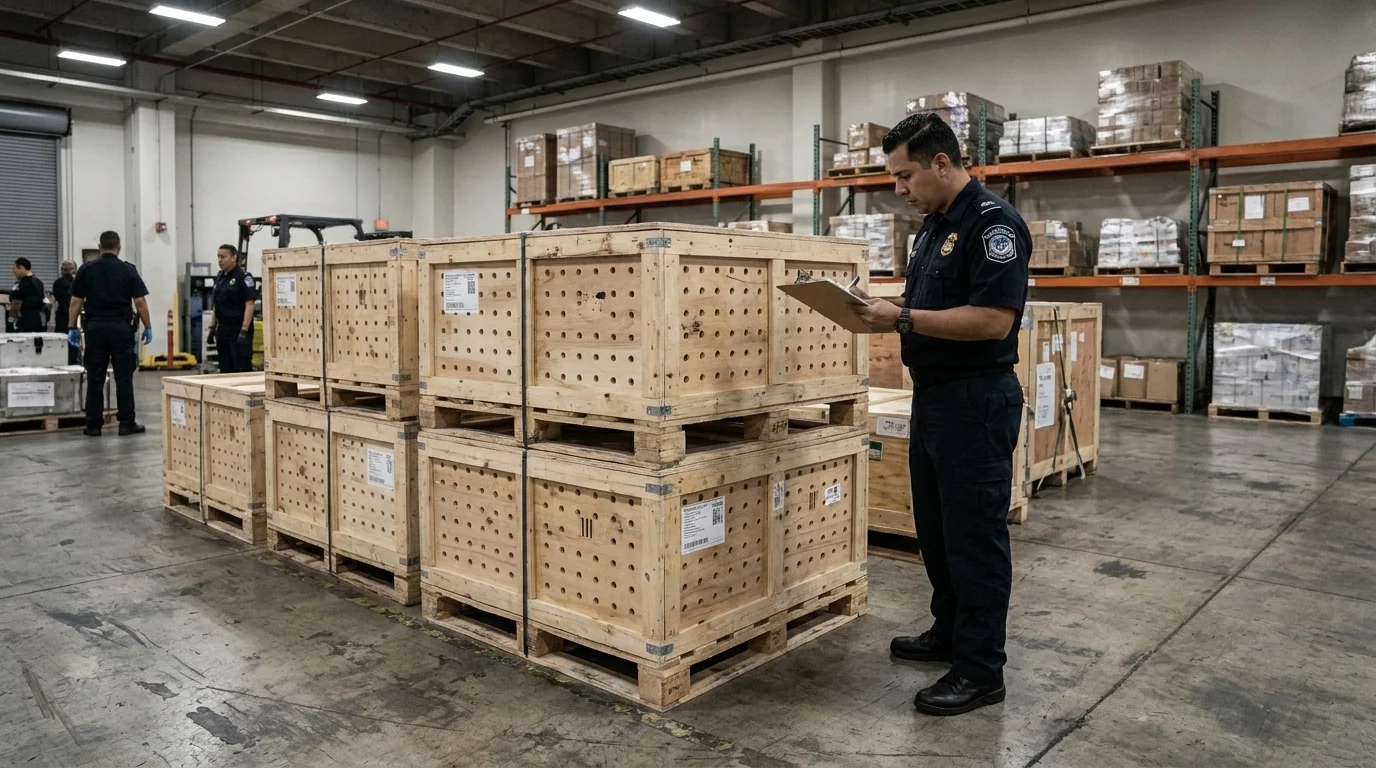 Customs officer inspecting ventilated wooden shipping crates at an airport cargo facility