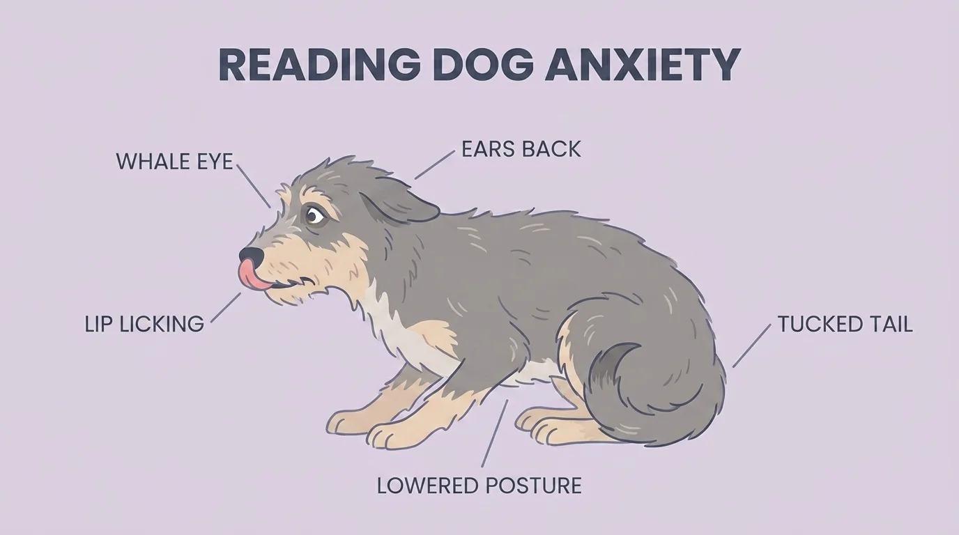 An anxious dog's body-language signals labelled: whale eye, ears back, lip licking, lowered posture, tucked tail