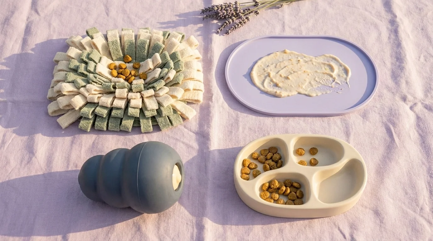 Dog enrichment flat lay: snuffle mat, silicone lickimat with paste, Kong-style rubber toy, and stationary puzzle feeder