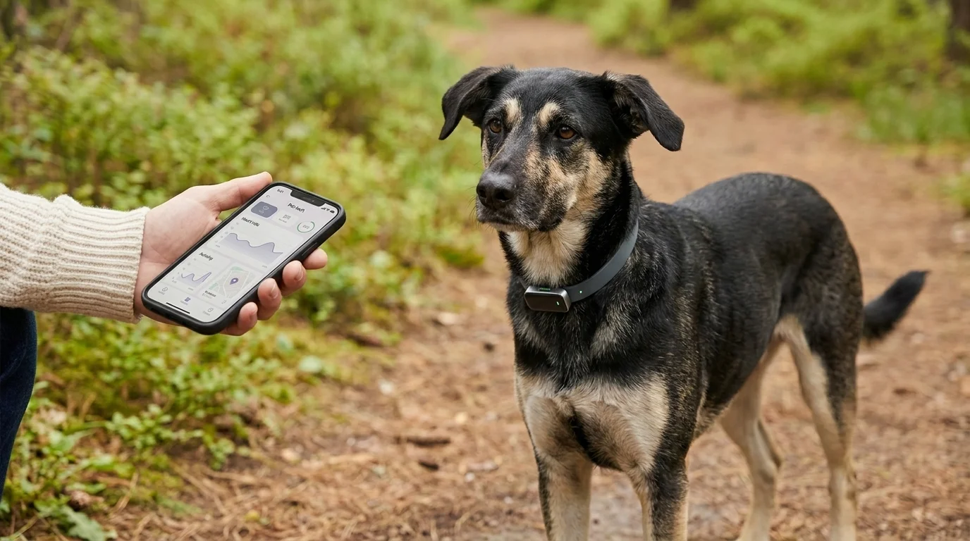 Medium-sized dog wearing a modern GPS smart collar on a hiking trail with a hand holding a smartphone vitals dashboard