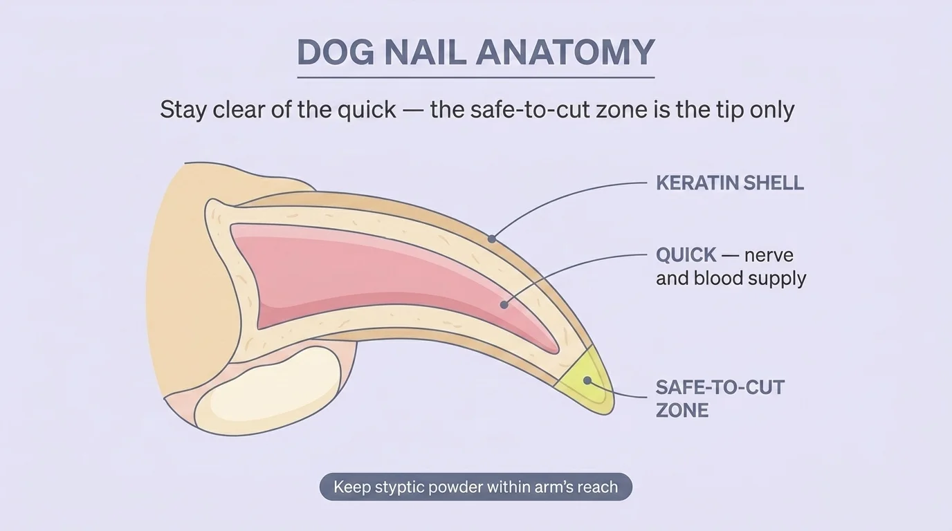 Dog nail cross-section diagram: keratin shell, pink quick with nerve and blood, and safe-to-cut zone — trimming reference
