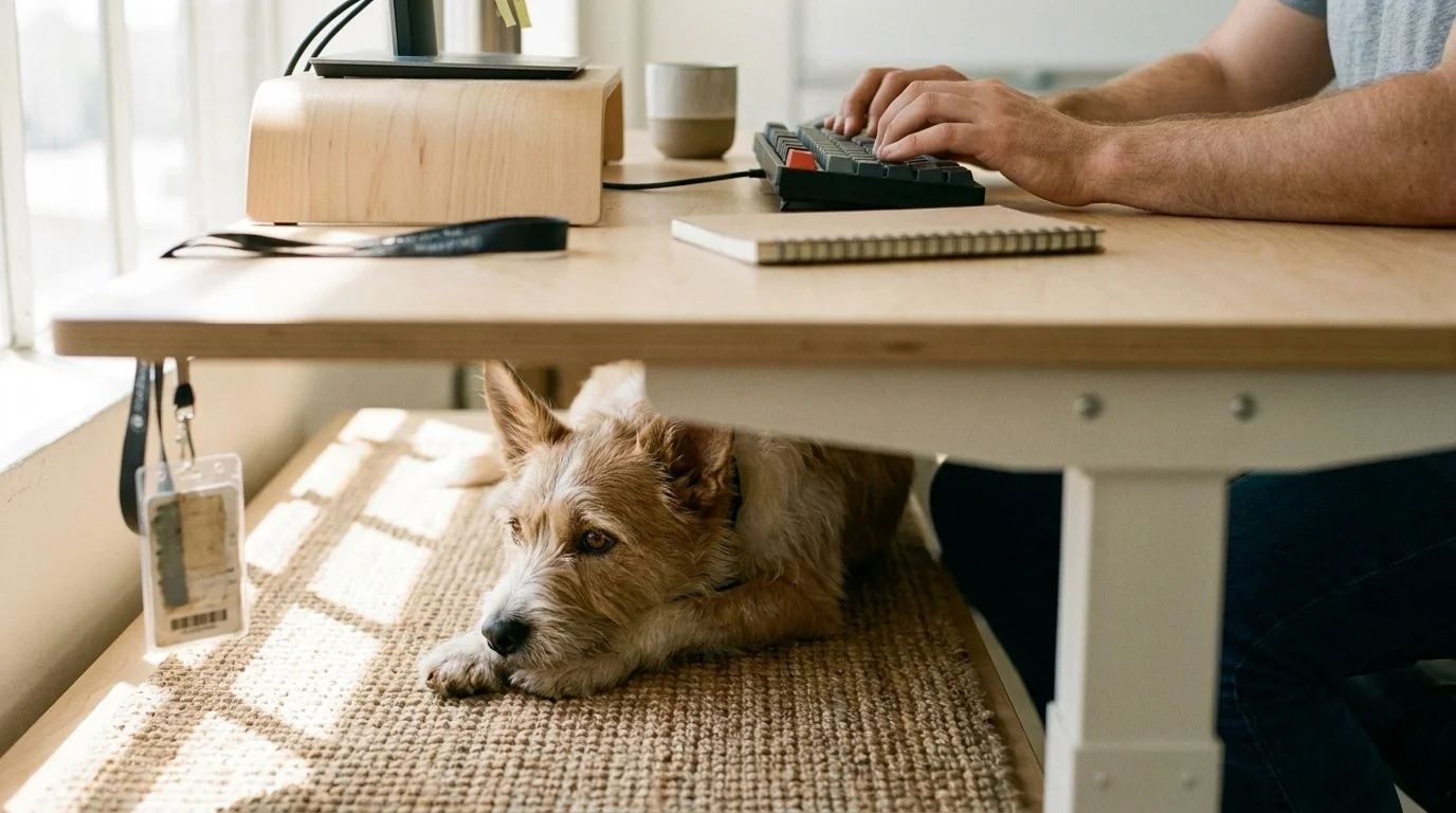 Calm medium mixed-breed dog on a non-slip mat under a workstation while a developer's hands type at the keyboard above