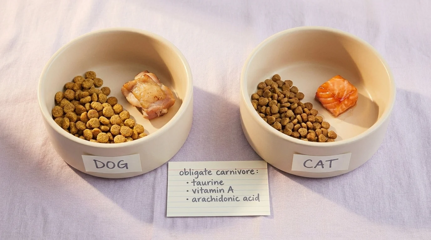 Side-by-side dog and cat bowls — mixed kibble with meat for the dog, fish-based kibble for the carnivore cat