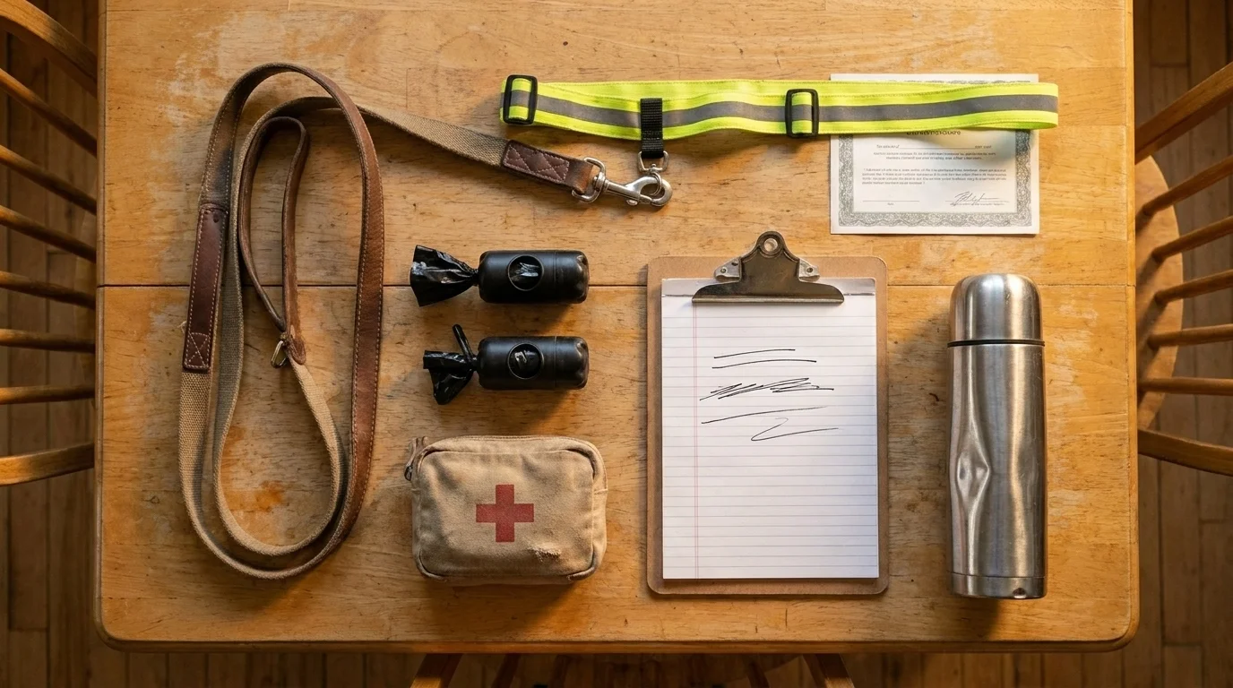 Flat-lay of a dog-walker's kit: hi-vis belt and lead, waste-bag rollers, first-aid pouch, certificate, clipboard, thermos