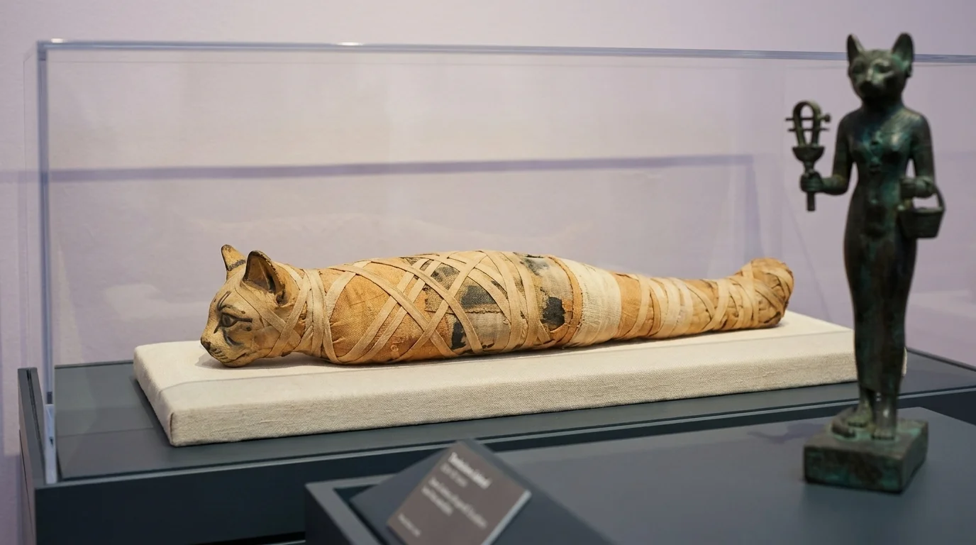 Egyptian cat mummy in a museum vitrine beside a bronze Bastet figurine, anchoring the cats in mythology tradition