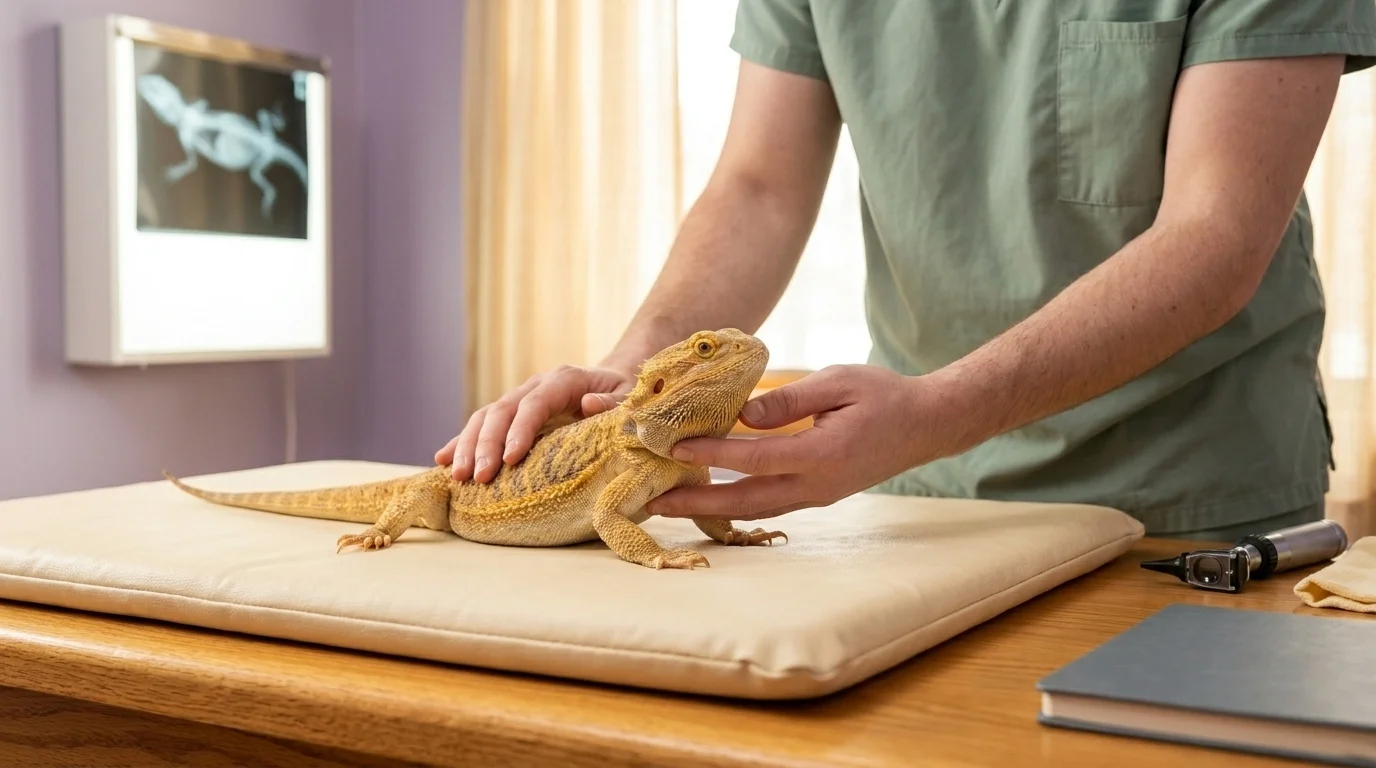ABVP-credentialed exotic vet examining a calm bearded dragon on a padded mat, radiograph and otoscope nearby