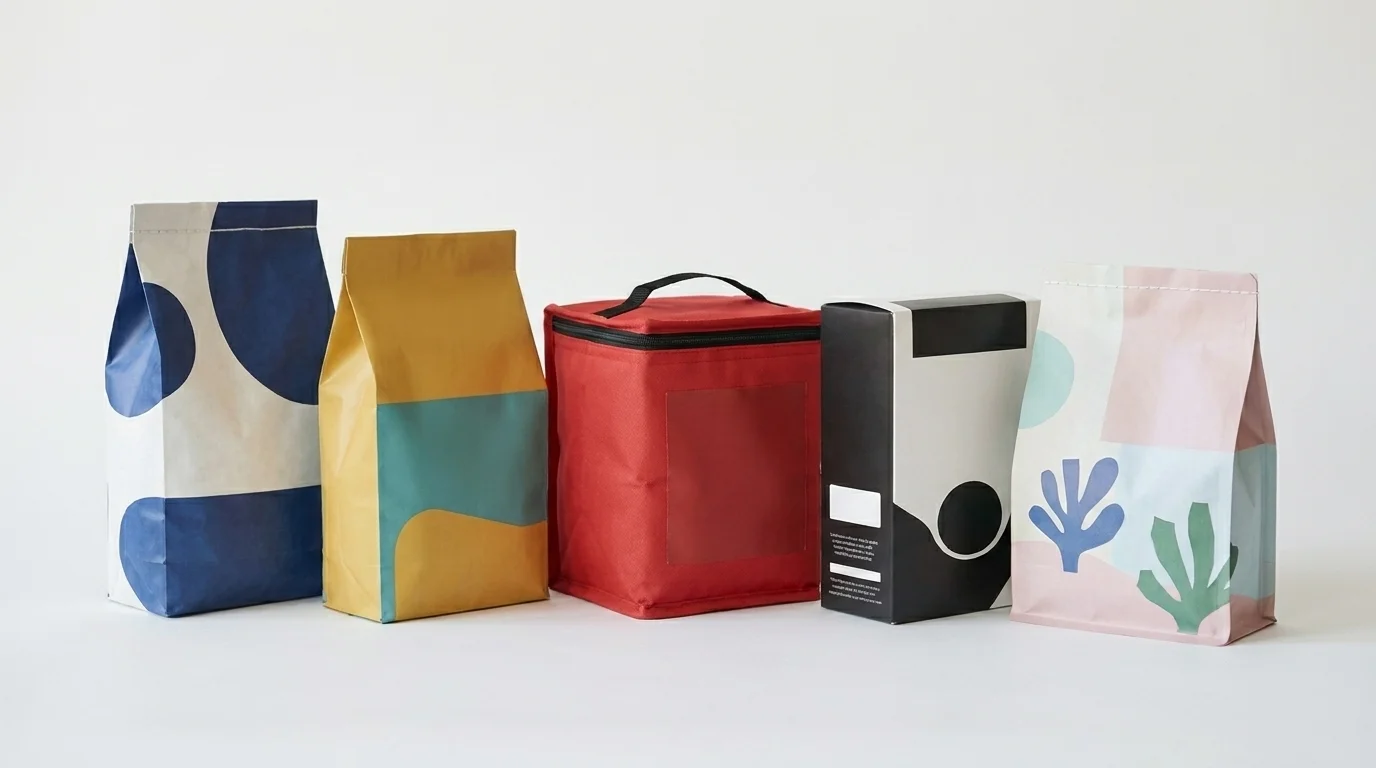 Five pet-food packs in a row in distinct palettes: deep blue, mustard-teal, red, minimalist black-and-white, and pastel