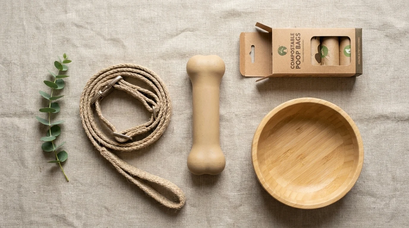 Overhead flat lay of eco pet supplies on linen: natural-rubber toy, hemp collar and leash, bamboo bowl, compostable bag box