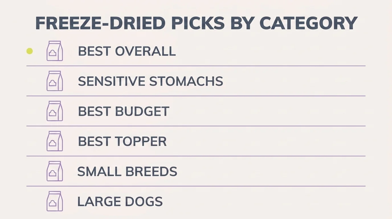 Infographic listing six freeze-dried dog food picks by category, from best overall to best for large dogs
