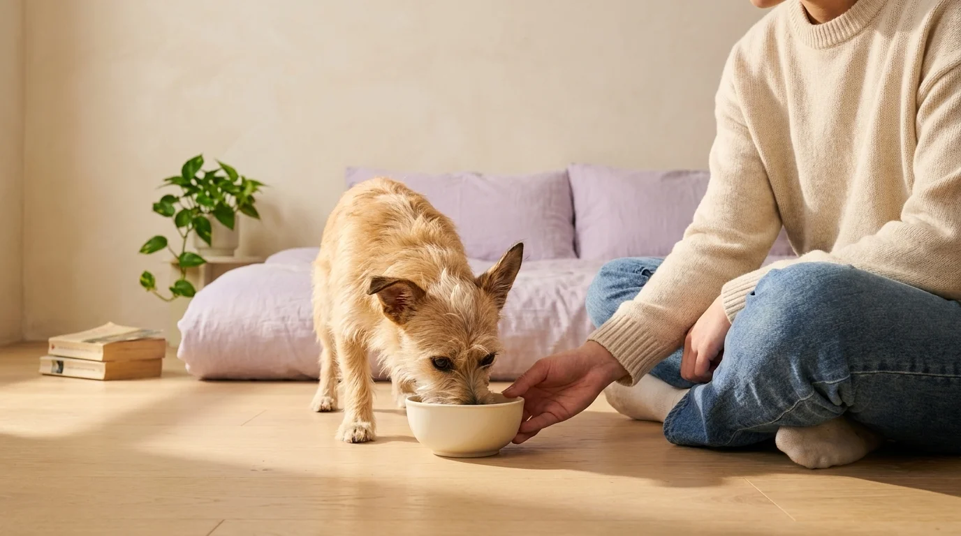 Gen Z person feeding a small rescue dog from a ceramic bowl on a studio apartment floor in warm window light