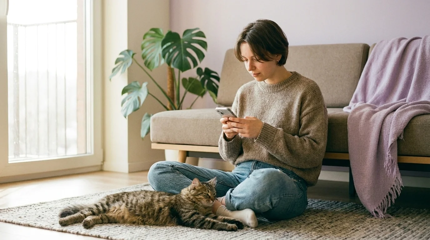 Young adult sitting on an apartment floor scrolling a phone with a cat resting beside them