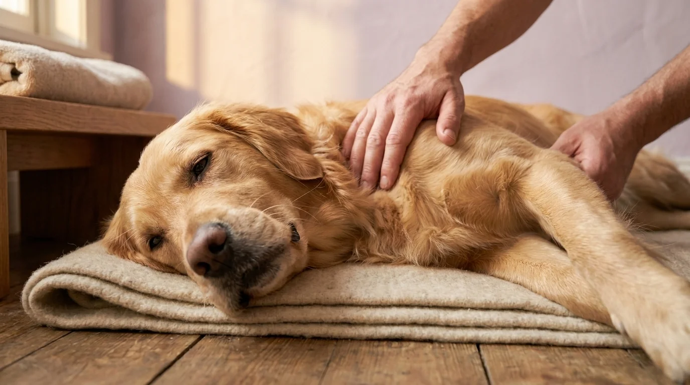 Golden Retriever lying on her side on a folded blanket, a hand mid-effleurage along her shoulder