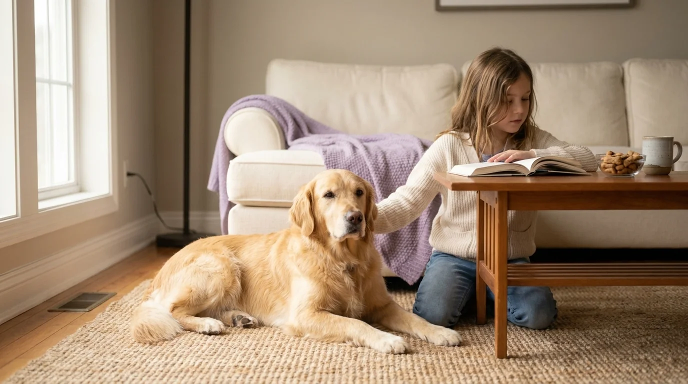 A calm Golden Retriever sitting on a rug beside an autistic child reading at a low table in soft natural light