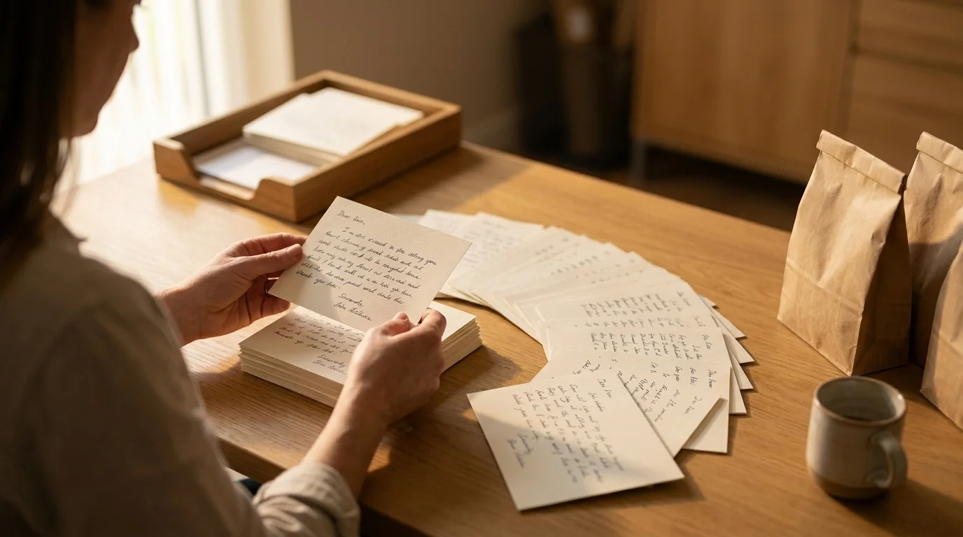 Hands sorting handwritten customer condolence notes beside pet-food product samples on a wooden desk