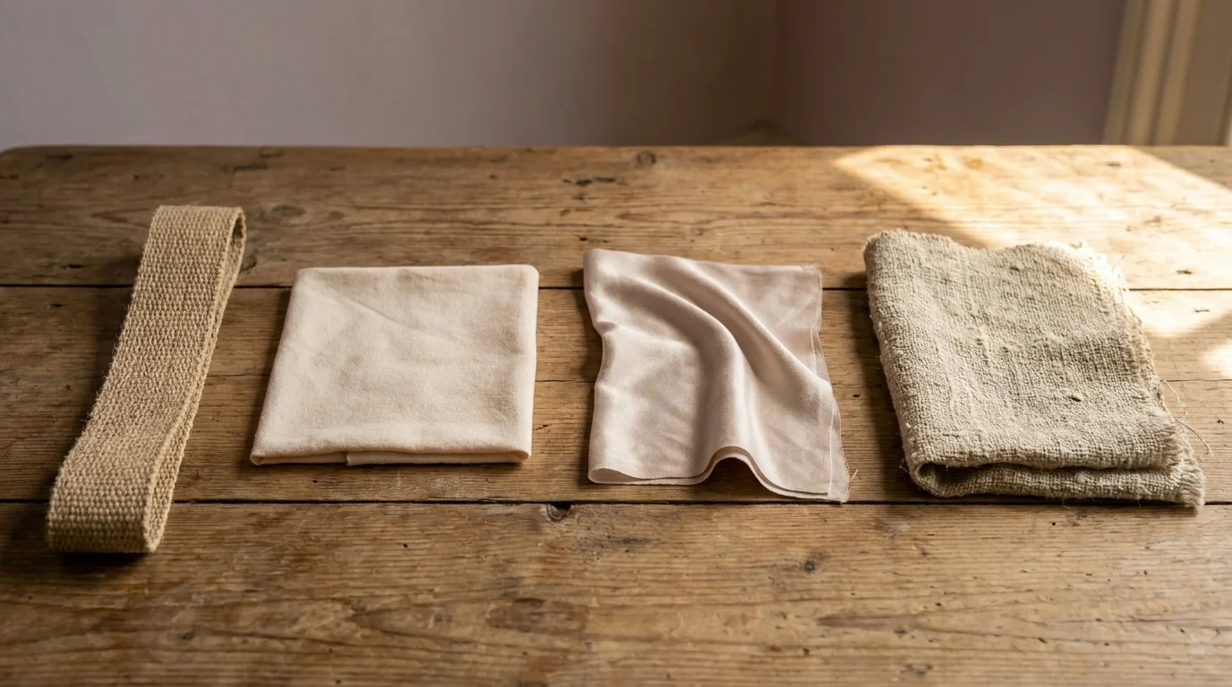 Woven hemp webbing, organic cotton, bamboo viscose, and slubby linen swatches laid in a row on a weathered wooden table