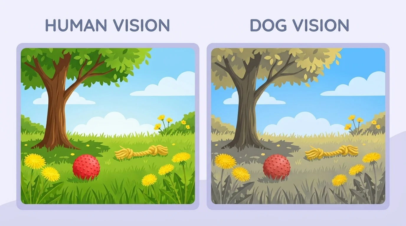 Side-by-side comparison of a park scene in full human colour versus a dog's dichromatic blue-yellow vision