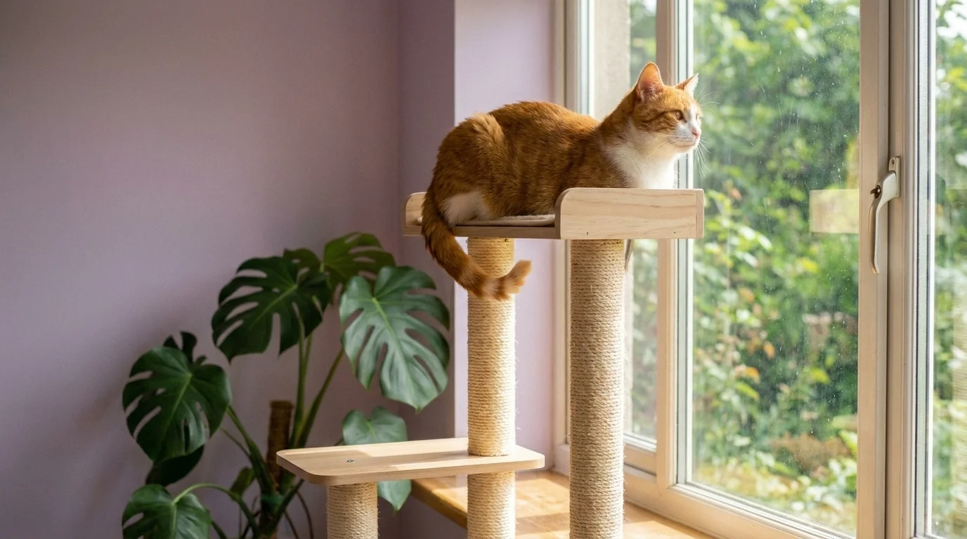 Content indoor cat perched on a tall multi-level cat tree by a sunlit window, gazing out at a garden