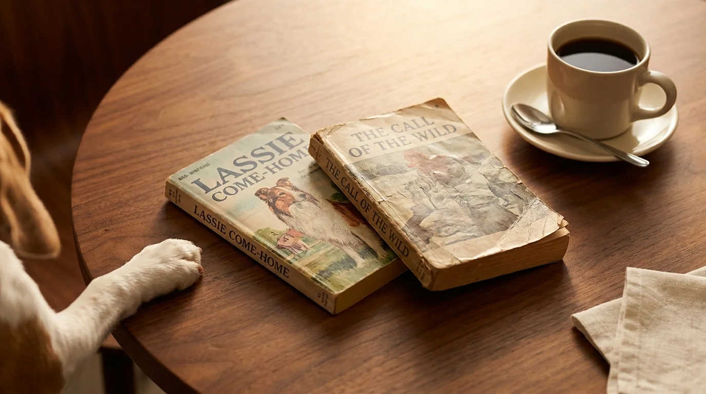 Worn paperbacks of Lassie Come-Home and The Call of the Wild on a wooden cafe table beside a coffee mug with a dog paw at the edge