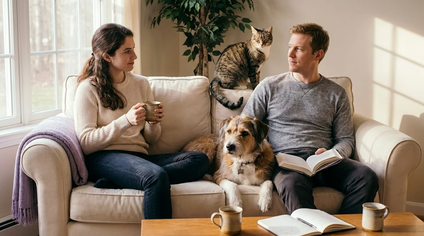 A young Millennial couple in a sunlit modern apartment with a medium-sized dog and a cat sharing the couch with them