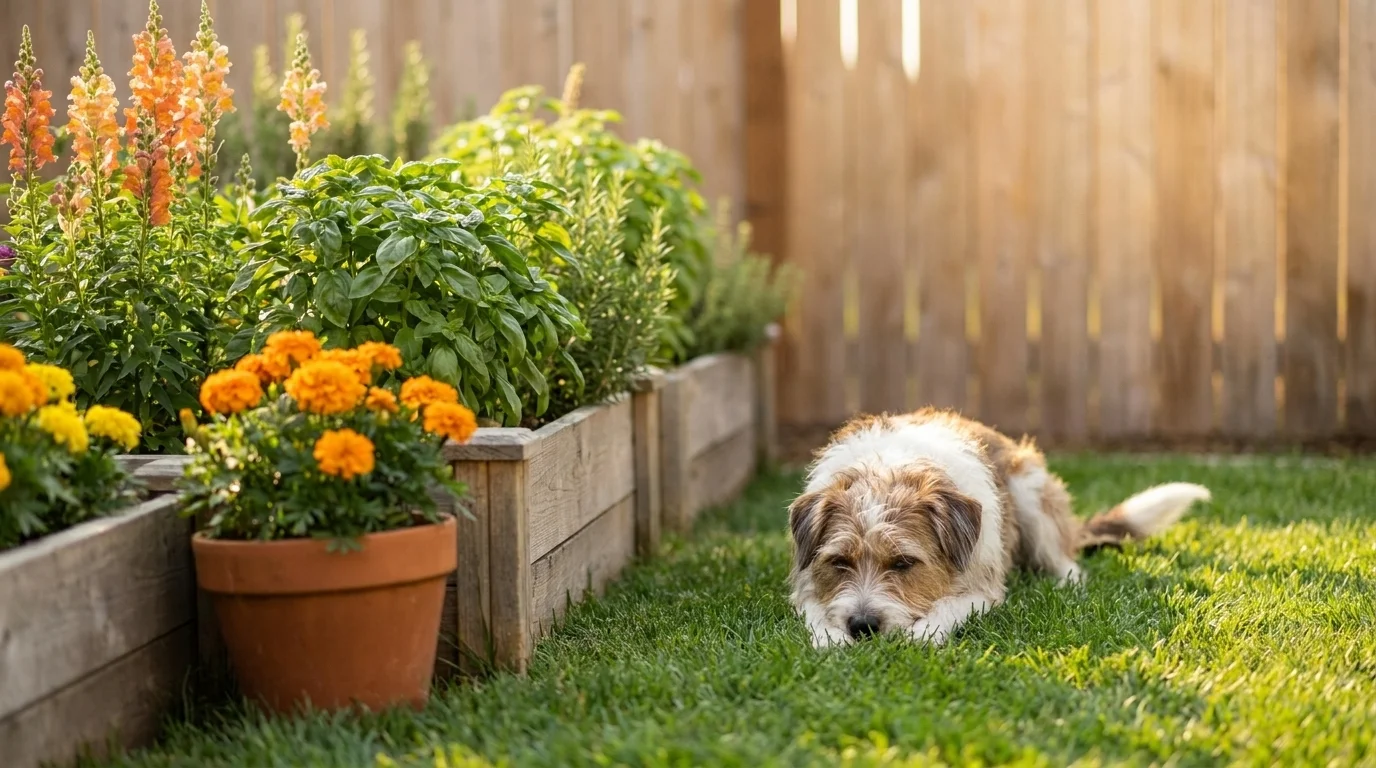 Mid-sized mixed-breed dog resting on turf beside raised cedar planters of marigolds, snapdragons, basil and rosemary
