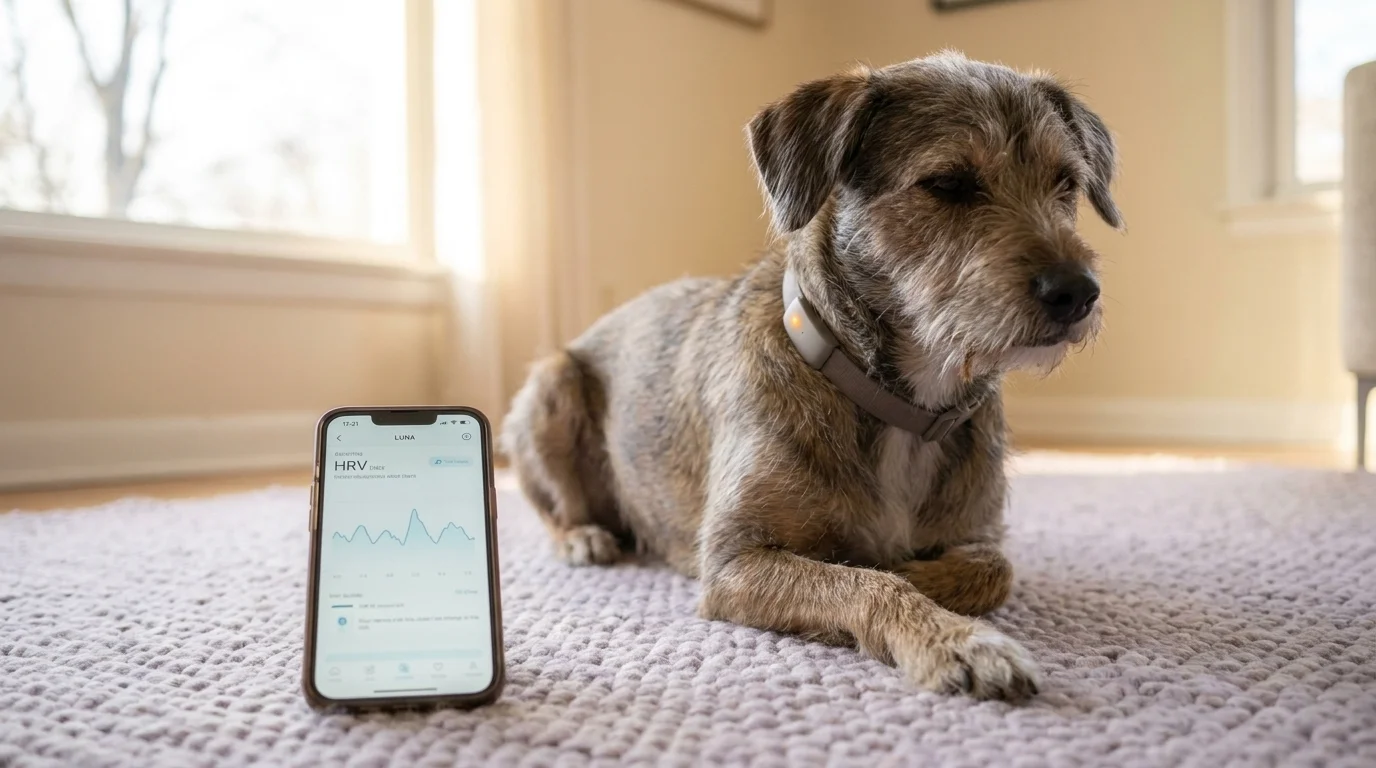 Mixed-breed dog in a sleek smart collar on a living-room rug, smartphone with a health-monitoring app in the foreground