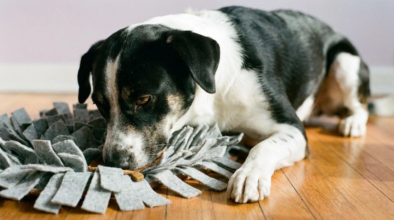 Mixed-breed dog with nose buried in the felt tufts of a snuffle mat on a wood floor in focused concentration