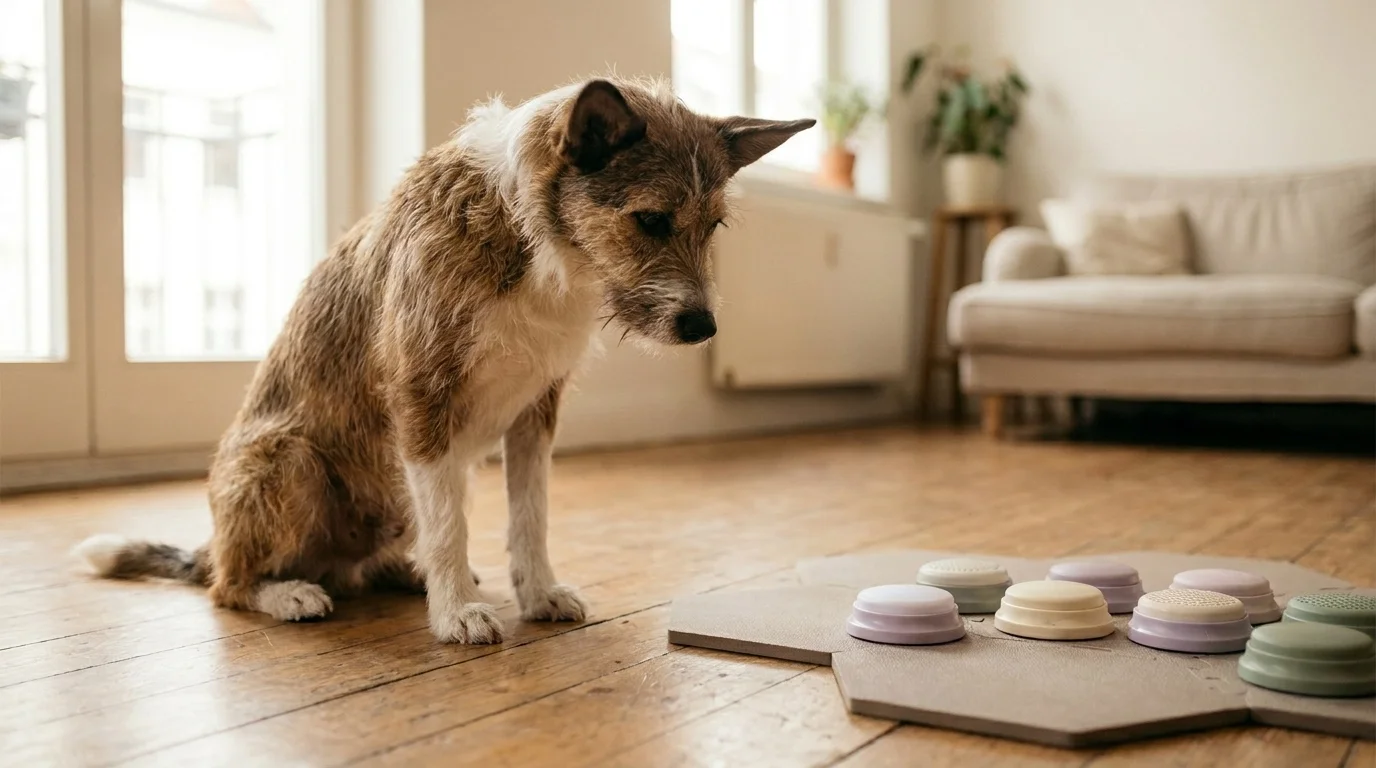 Medium mixed-breed dog beside a hexagonal mat of soundboard communication buttons in a warm-lit living room