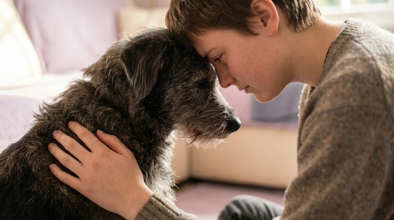 Mixed-breed dog and owner with foreheads softly touching in a calm mutual gaze, warm afternoon window light