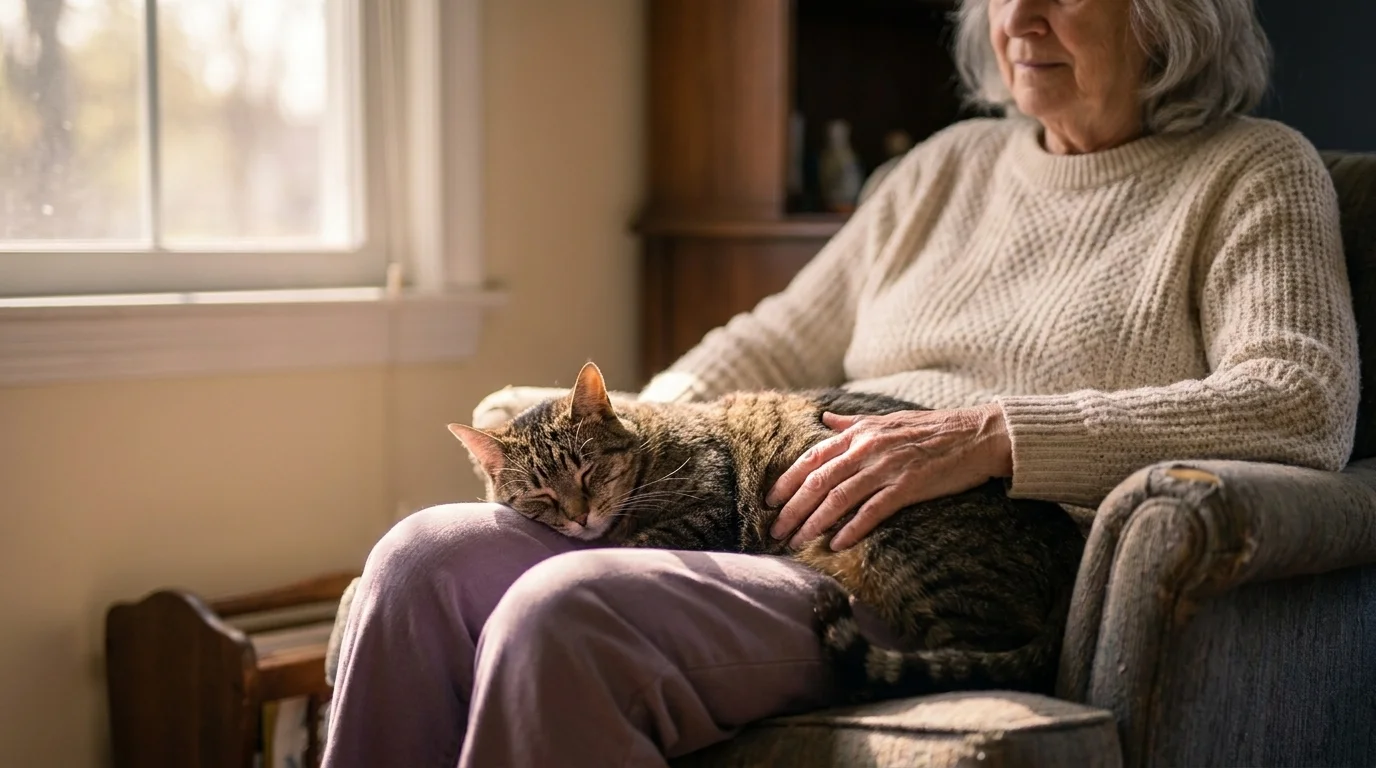 An older person sits in window light with a cat asleep on their lap, one hand resting on its side