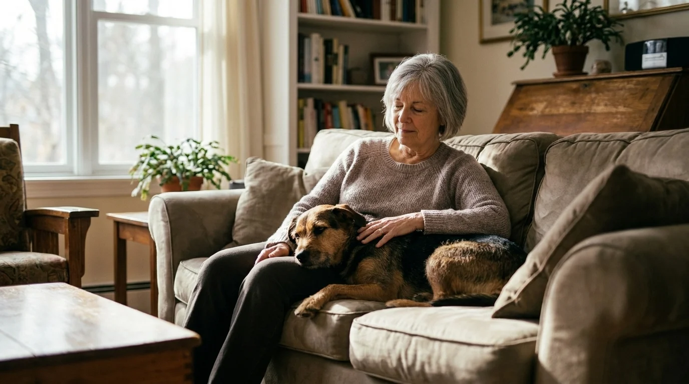 Older woman relaxing on a couch with a medium-sized dog resting its head on her lap in warm living-room light