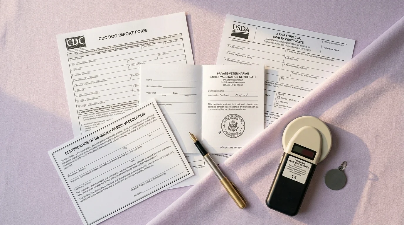 Overhead view of CDC Dog Import Form, APHIS 7001, rabies certificate, and a microchip scanner on lavender cloth