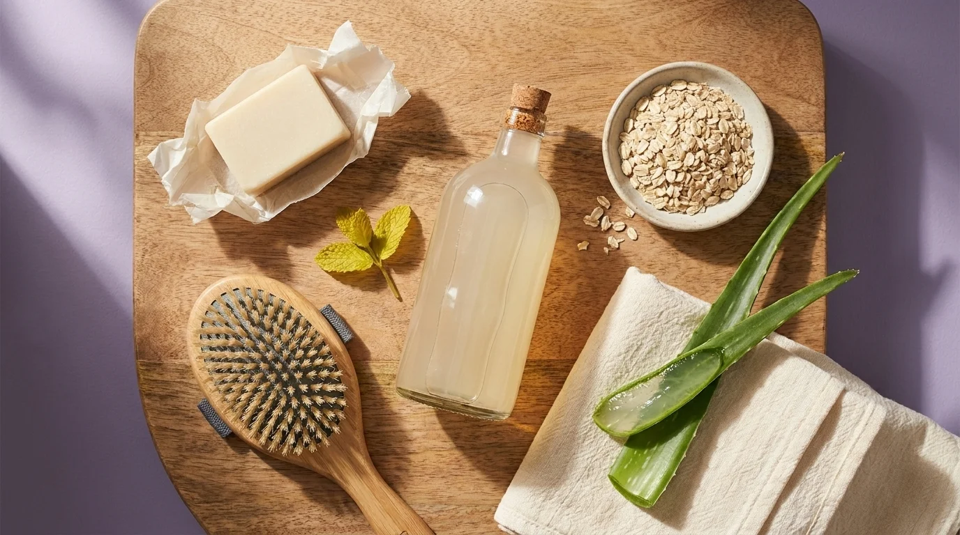 Overhead flat-lay of an eco-friendly dog bath setup: shampoo bar, natural shampoo bottle, oatmeal, aloe, towel, brush