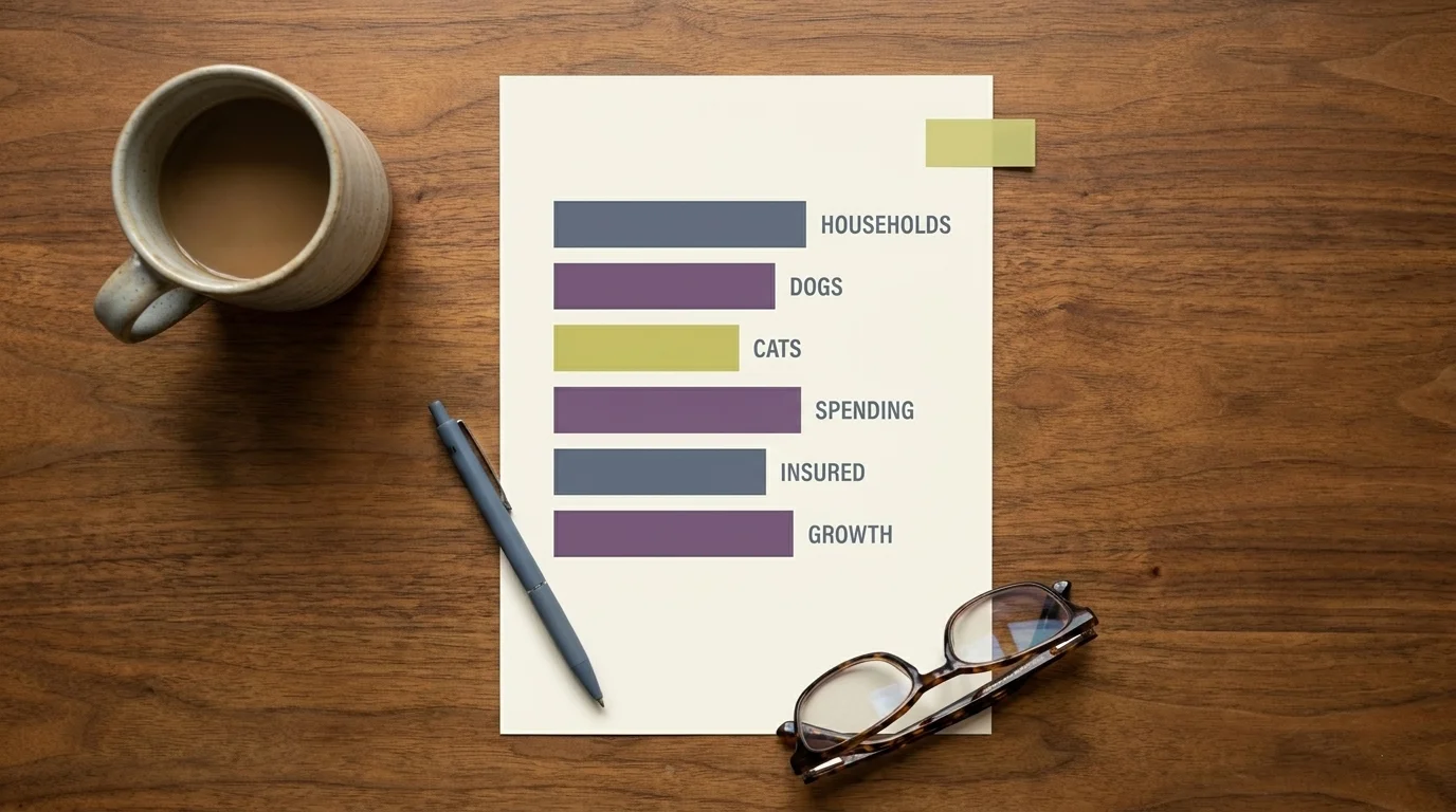 Flat-lay editorial infographic showing six pet ownership statistics categories on a printed page with a coffee cup and pen