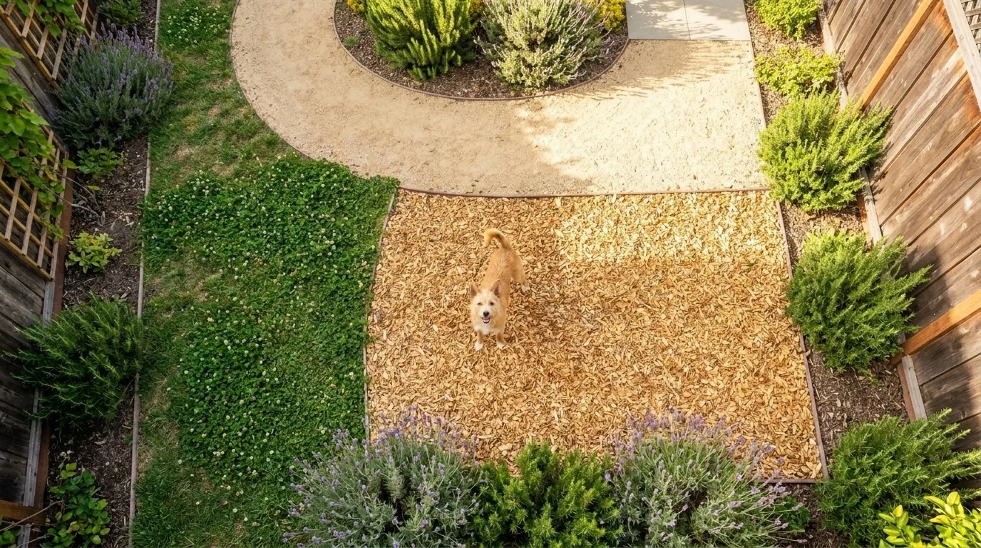Overhead view of dog friendly landscaping split into a gravel path, cedar play area and planting beds