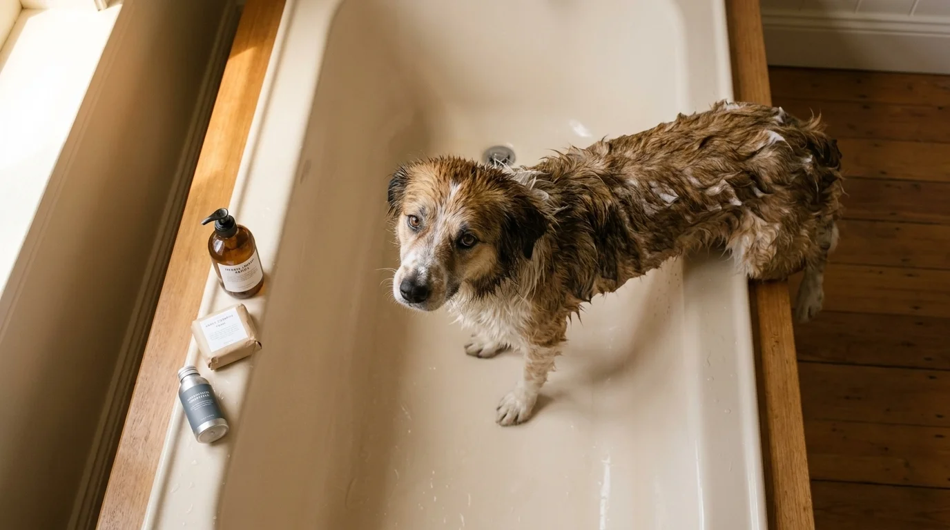 Overhead view of a wet medium dog in a bathtub with a refillable bottle, shampoo bar, and aluminum concentrate on the tub edge
