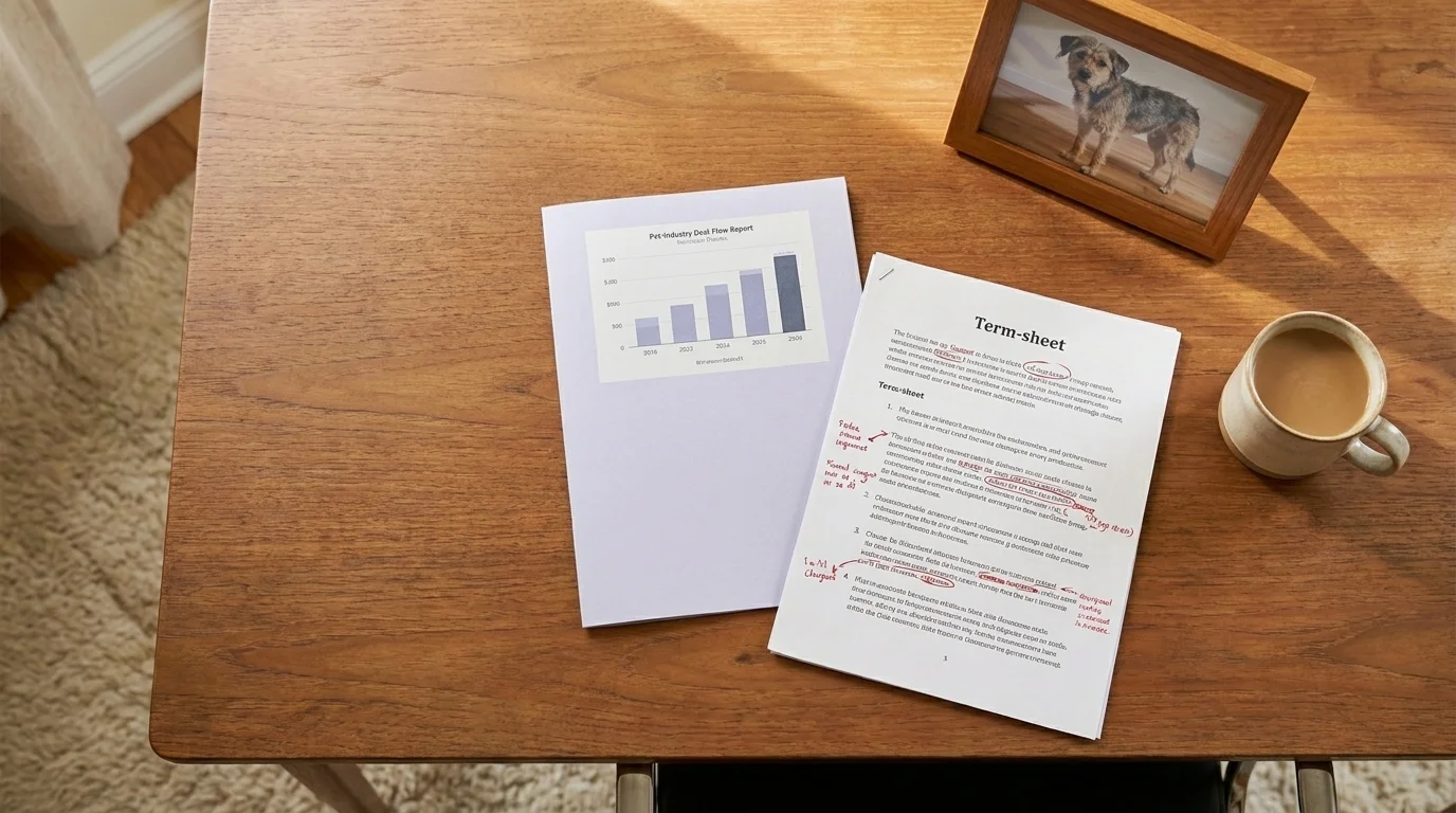 Overhead of a wooden conference table with a marked-up term sheet, a deal flow report, a coffee cup, and a framed dog photo