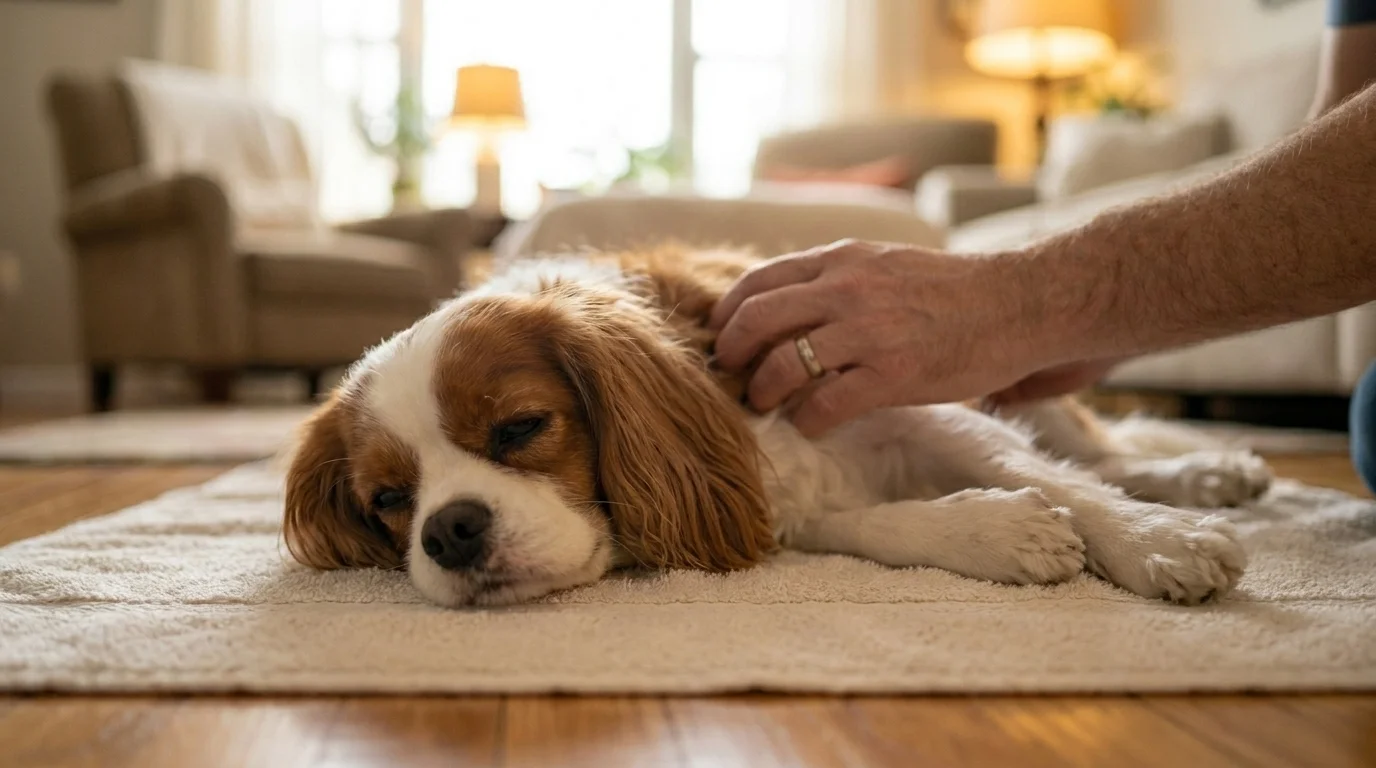 Owner's hand gently parting a calm dog's fur to check its back during a routine post-bath inspection at home