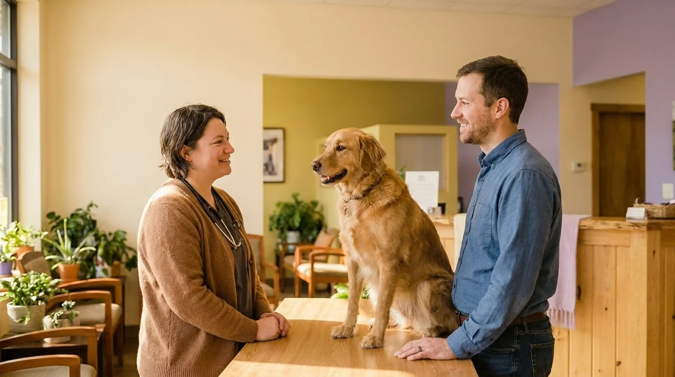Pet owner and veterinarian having a calm conversation across an exam table with a dog sitting between them