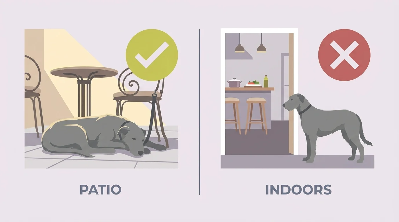 Infographic contrasting a dog allowed on a patio with a green check and barred from indoor dining with a red cross
