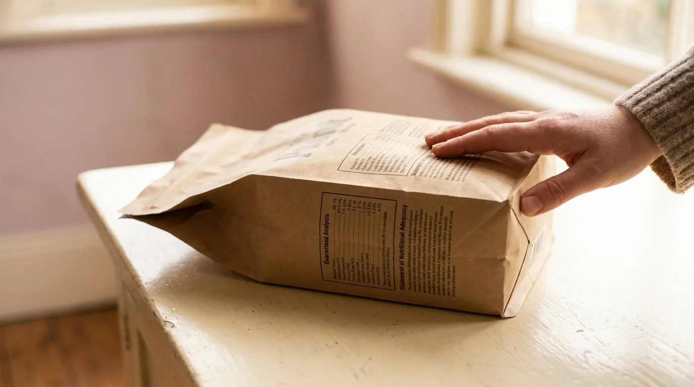 Pet food bag on a kitchen counter with back-panel nutrition and AAFCO Statement of Nutritional Adequacy clearly visible