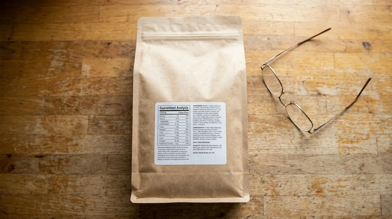Overhead of a pet-food bag back panel with a guaranteed-analysis table and ingredient lines, reading glasses alongside