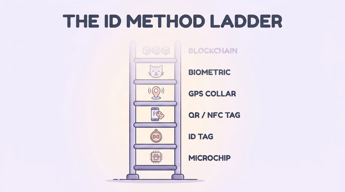 A ladder of pet ID methods from a solid microchip base up through tags, GPS, biometrics, to a faded blockchain top rung