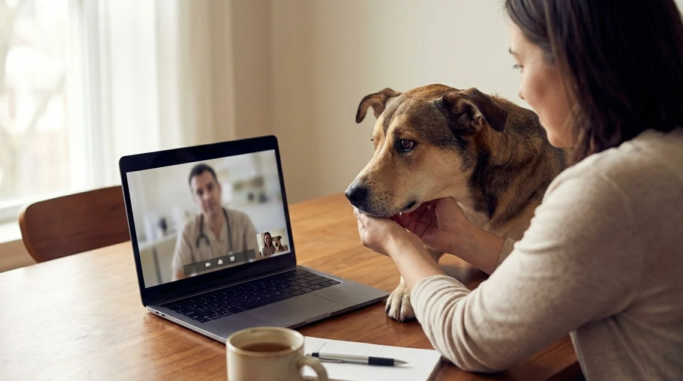 A pet owner conducting an online vet consultation on a laptop at a dining table while showing their dog to the camera