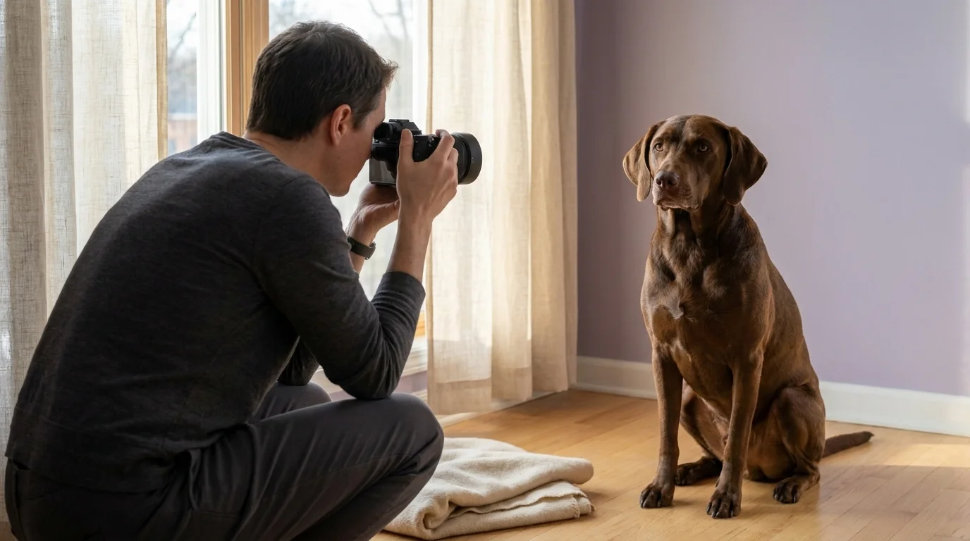 Pet photographer kneeling at eye level with a brown dog, mirrorless camera in hand — eye-level perspective wins