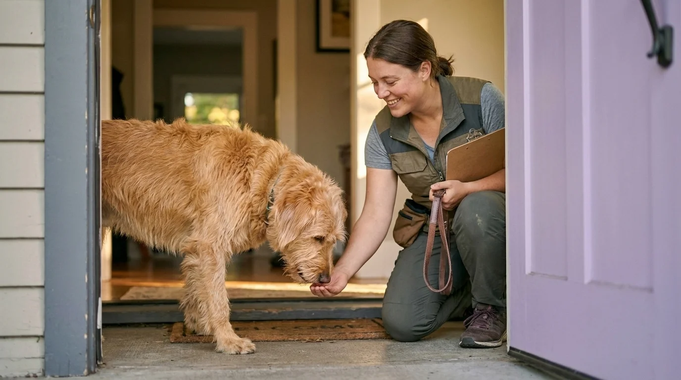Pet sitter kneeling on a doorstep to greet a calm dog, leash and clipboard in hand, at a first meet-and-greet