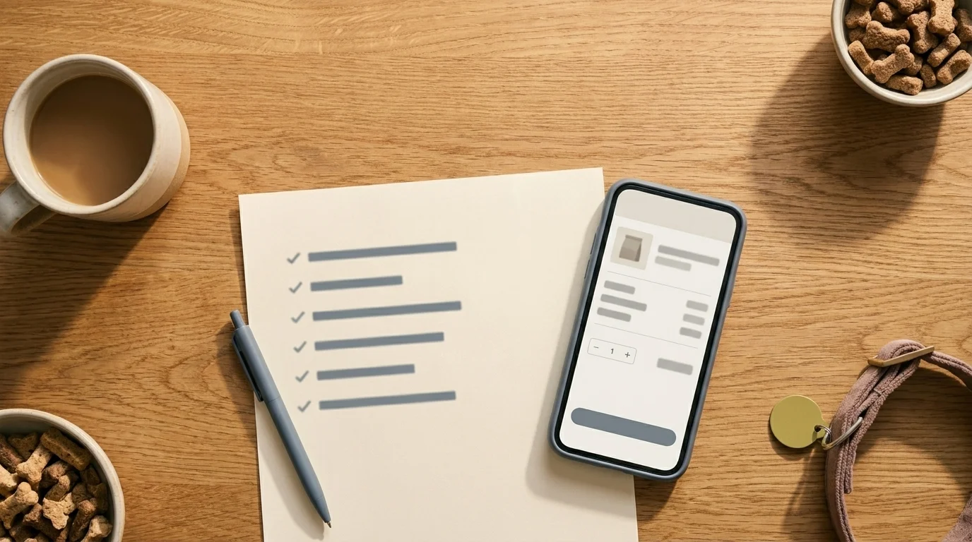A printed pet-supplies checklist beside a smartphone showing a soft-focus e-commerce checkout screen on a wooden table
