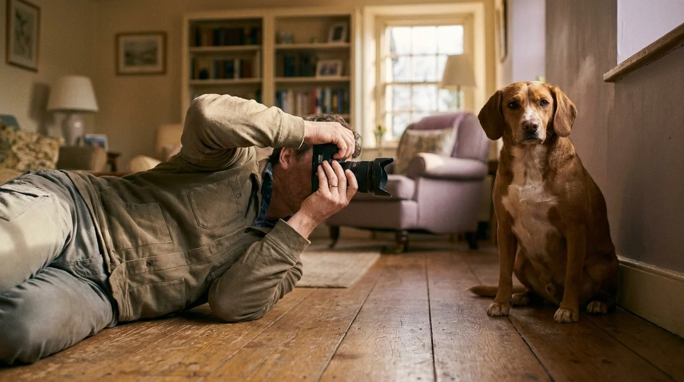Photographer lying on a hardwood floor at a brown dog's eye level, shooting in soft window light