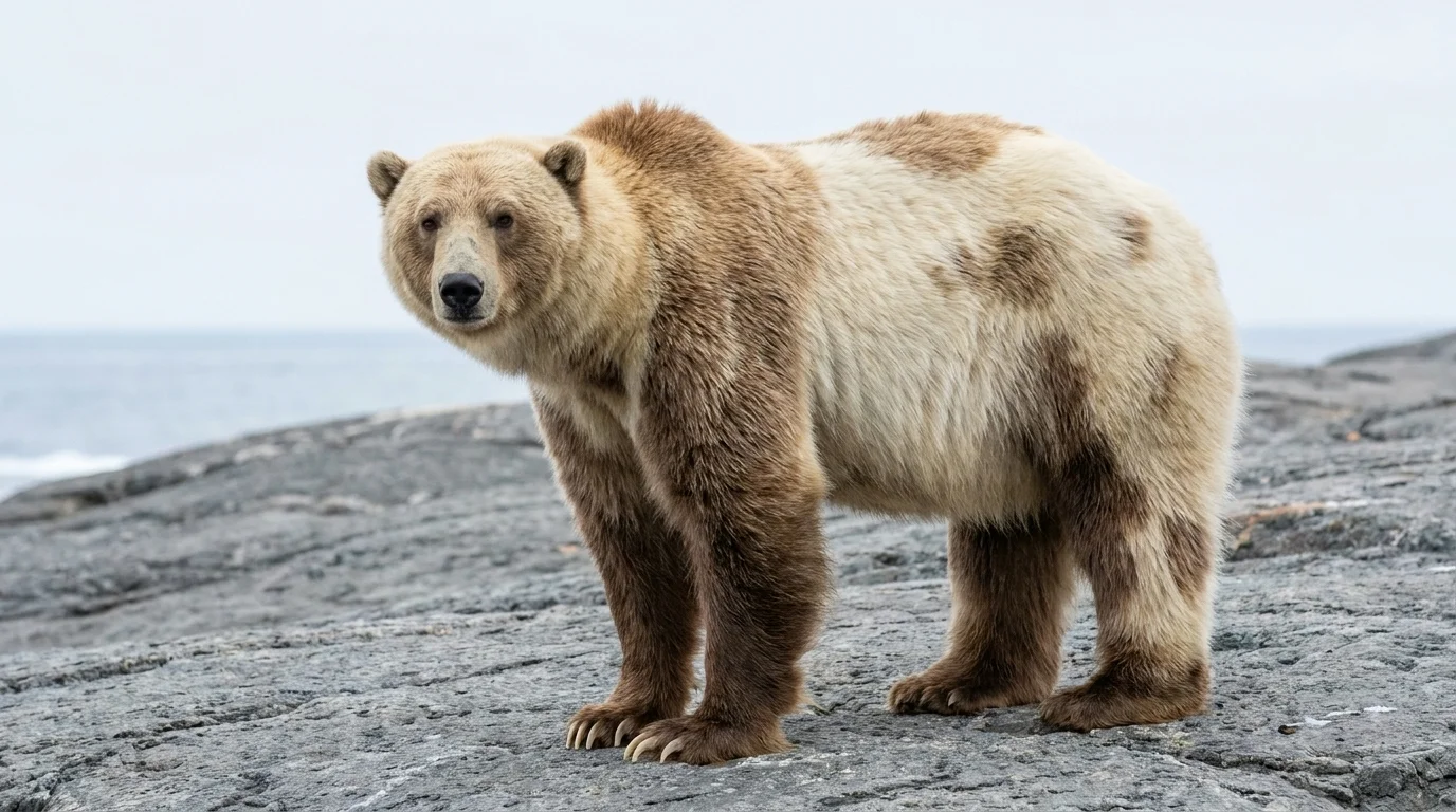 A pizzly bear, a polar bear and grizzly hybrid with a cream coat and grizzly shoulder hump, on Arctic tundra rock
