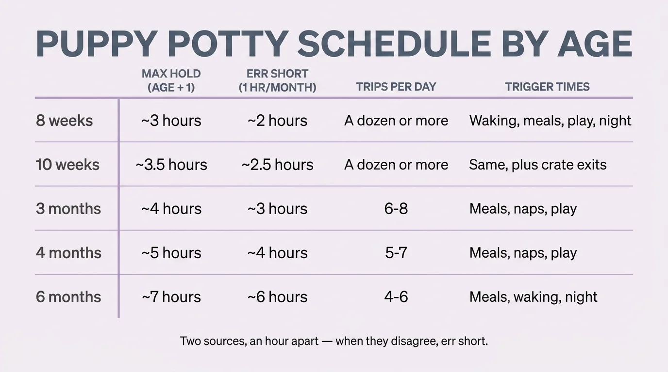 Puppy potty schedule table by age showing max hold times and trips per day from 8 weeks to 6 months